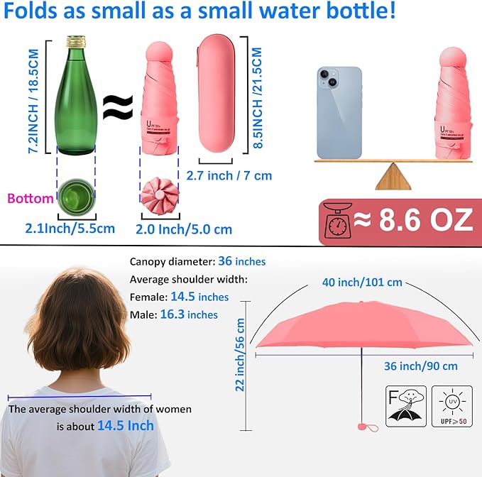BAODINI Travel Essentials Mini Umbrella for Purse With Case Small Compact UV Sun Protection Lightweight Tiny Pocket Manual Open Close Umbrella for Women Kids and Men Fit Purse Backpack