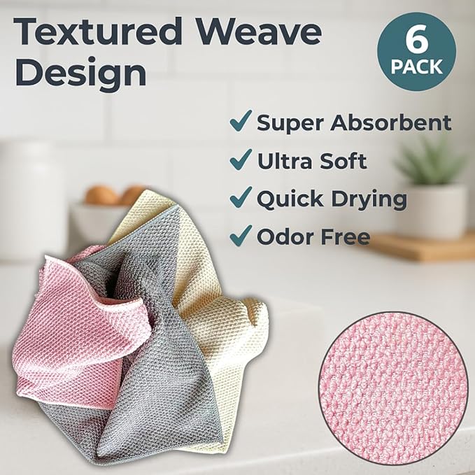 Microfiber Cleaning Cloths - 12" x 12" - Kitchen Dish Cloths for Washing Dishes - Microfiber Cleaning Rags - for Housekeeping, Dusting, Glass, Electronics, Car Interior - 6 Pack - Gray, Beige, Pink