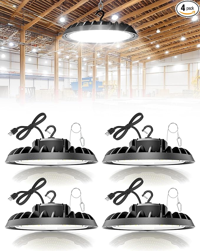 VOLISUN 4 Pack UFO Led High Bay Light 37,500LM, 250W, 5000K Daylight, 100-277V High Bay Led Shop Light, ETL Listed Commercial Bay Lighting for Garage Workshop Barn Factory Warehouse