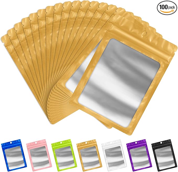 FUNFERY 100 Pack Mylar Resealable Bags Foil Packaging Bags with Clear Window,Zipper Pouch Smell Proof Bag for Food Storage,Cookies,Sample,Small Business(Gold,2.4x3.9inch)
