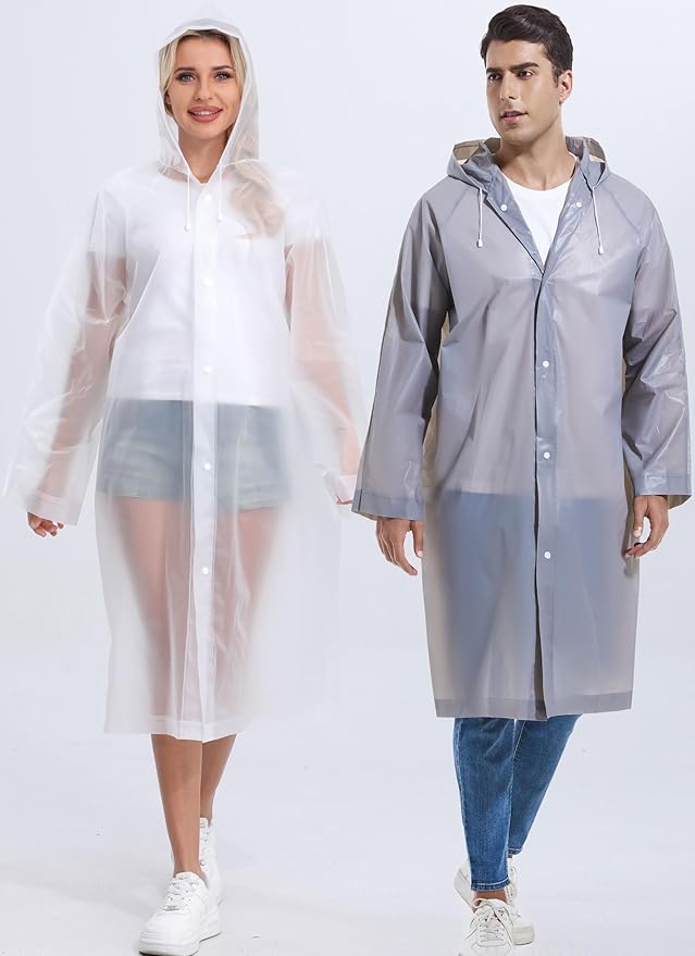 2-Pack Reusable Rain Ponchos for Adults, HOOMBOOM Raincoats Emergency for Women/Men with Drawstring and Sleeves