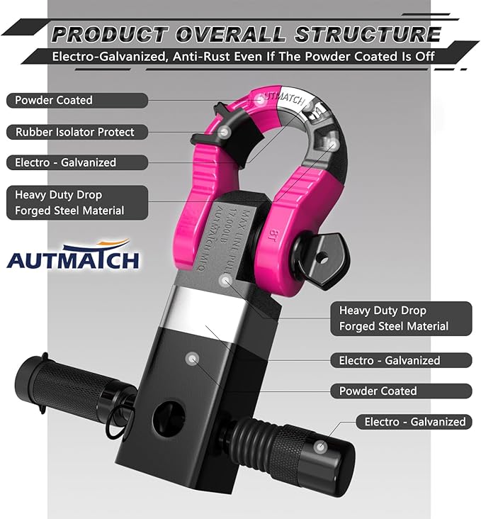 AUTMATCH Shackle Hitch Receiver 2" with 3/4" Mega D Ring Shackle and 5/8" Trailer Hitch Lock Pin, 68,000 Lbs Break Strength Heavy Duty Receiver Towing Kit for Off-Road Vehicle Recovery, Black & Pink