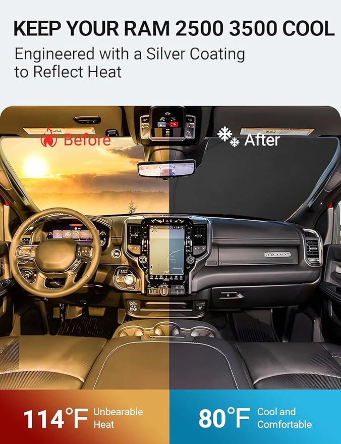 Proadsy 2025 Upgrade Windshield Sun Shade Custom Fit Dodge RAM 2500 3500 2010-2024 2025 4-Layer Foldable Front Sunshade Protector Sun Visor Blocks UV Rays Keep Car Cooler