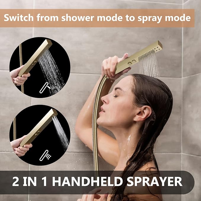 Shower Faucet Set Rainfall Shower System with Square Showerhead and Handle Set Fixture with 2 in 1 Function Handheld Sprayer Wall Mounted Trim Repair Kit Rough-in Valve 12 Inch Brushed Gold