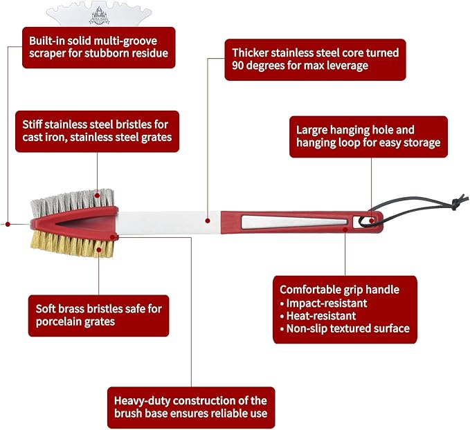 GRILLGEN Grill Brush and Scraper- Heavy Duty Grill Brush with Steel and Brass Bristles BBQ Cleaner for Outdoor Grills,BBQ Accessories for Porcelain, Cast Iron, Stainless Steel Grates