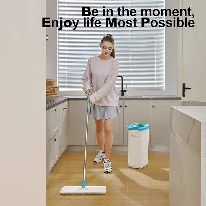 Mop and Bucket Set with Wringer, Dry & Wet Wall Mop Cleaner with Long Handle, Flat Squeeze Spin Dust Mop for Household Floor Cleaning with 4 Microfiber Mops, Turquoise-Cyan