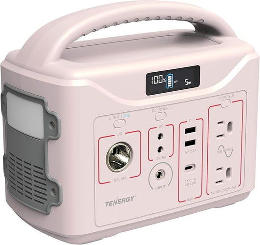 Tenergy T320 Portable Power Station, 300Wh Battery, 110V/200W (Surge 400W) Two Pure Sine Wave AC outputs, USB type C PD 45W, Mobile Power for Outdoors, RV, Hunting, Emergency Backup, Sandy Coral