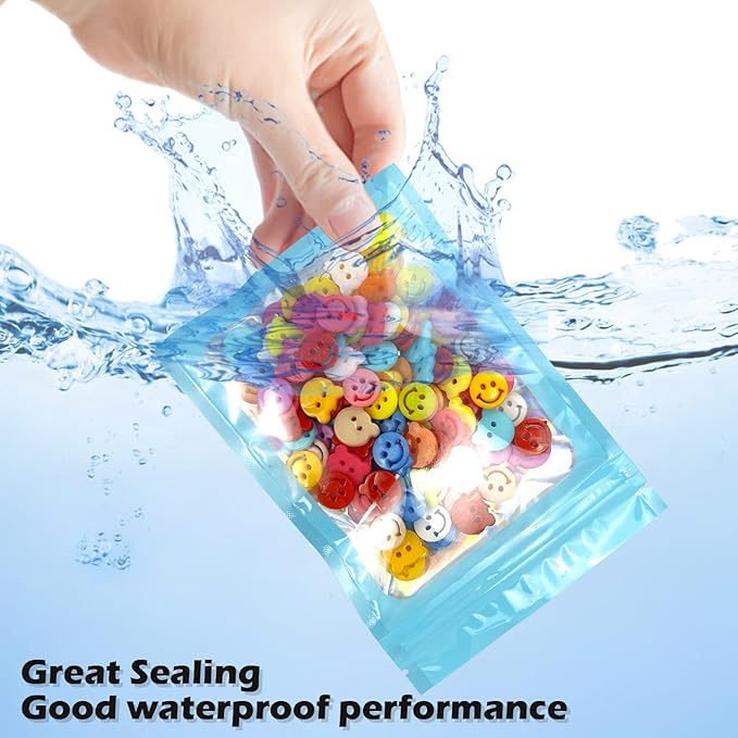 300 Pcs Holographic Mylar Bags, 3 Size Smell Proof Bags with Clear Window Foil Pouch Bags Resealable Bags for Small Business and Food Storage, Blue