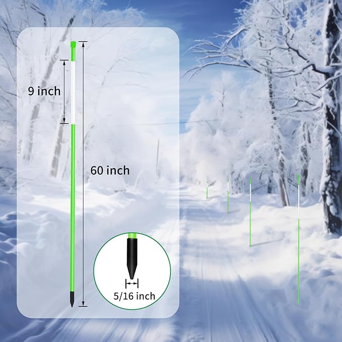 Growsun Driveway Marker 5ft Green Fiberglass 5/16 inch Dia Snow Fence Reflective Plow Stakes for Yard Walkways Parking Lots Safety Rods Edge, 50 Pack