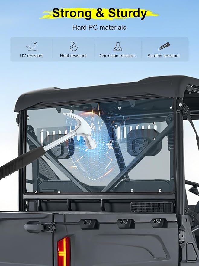 Rear Adjustable Vented Smoked Grey Windshield Compatible with CFMOTO UFORCE 600 2021-2025, Back Window Scratch Resistant Hard PC Windshield Protects Against Wind, Dust, Dirt, Snow, Rain