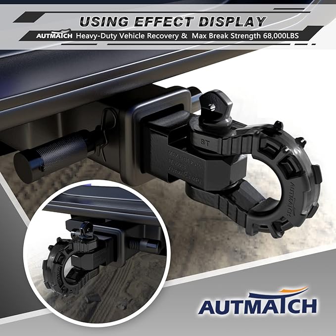 AUTMATCH Shackle Hitch Receiver 2" with 3/4" Mega D Ring Shackle and 5/8" Trailer Hitch Lock Pin, 68,000 Lbs Break Strength Heavy Duty Receiver Towing Kit for Off-Road Vehicle Recovery, Black