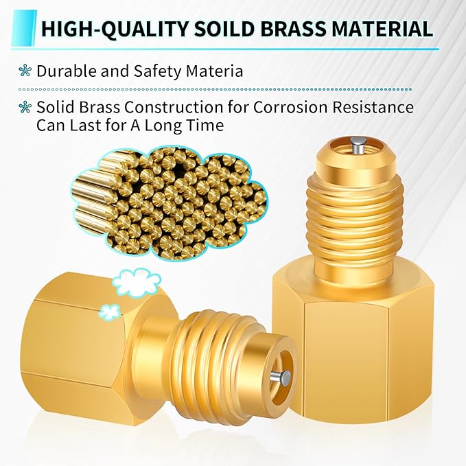 Boltigen R134a Refrigerant Tank Adapters, R12 R22 to R134a Adapter Connector, 1/2 to 1/4 Flare R134a Vacuum Pump Adapter Fittings with Valve Core Remover