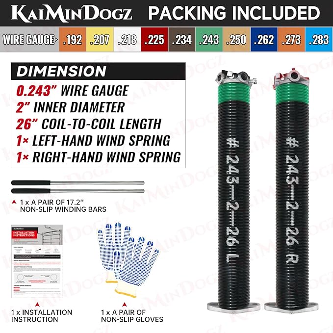 Pair of 2" Garage Door Torsion Springs Set with Non-Slip Winding Bar & Gloves,High Precision Electrophoresis Black Coated, for Replacement & Installation, MIN 16,000 Cycles (0.243x2''x26'')