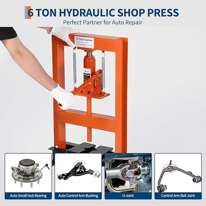 Hydraulic Press 6 Ton Hydraulic Shop Press H-Frame Garage Floor Adjustable Shop Press with 2 Plates Adjustable Working Table Height, Orange