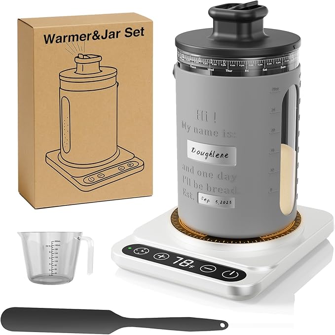 Sourdough Starter Warmer with Sourdough Starer Jar Set, Personalized 34oz Large Glass Fermentation Jar with Silicone Sleeve, Auto On/Off, 12H Timer – Ideal for Winter Home Baker White