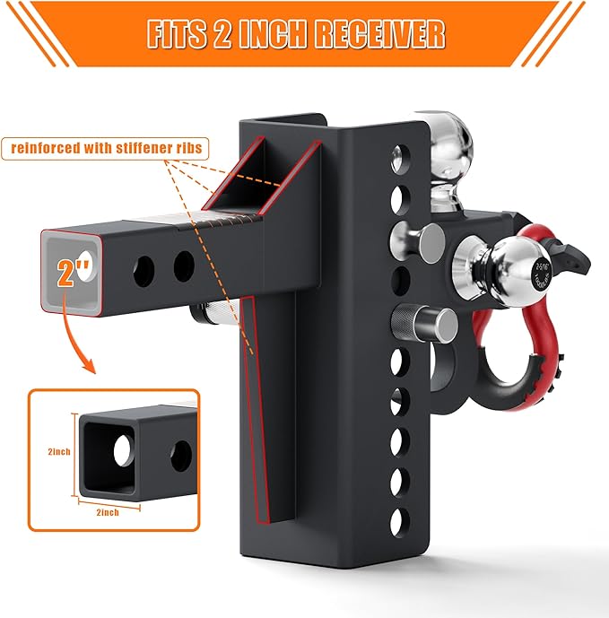 AC-DK Adjustable Heavy-Duty Trailer Hitch Tri-Ball Mount with Tow Hook & Swivel Shackle, Fits 2" Receiver, 4-1/2" Rise/Drop, Includes 1-7/8", 2", & 2-5/16" Balls, Secure Hitch with Locks & Pin
