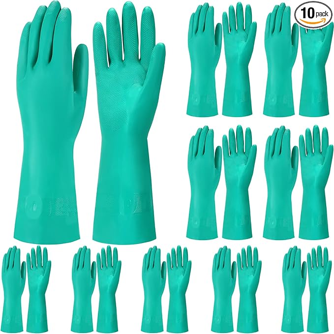 10 Pairs Chemical Resistant Gloves Heavy Duty Thick Nitrile Gloves Bulk for Cleaning, Resist Household Acid, Alkali and Oil (Small)