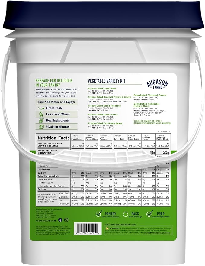 Vegetable Variety Kit Emergency Food Supply, 125 Servings, 30 Year Shelf Life - Dehydrated Vegetables Camping Essentials, Broccoli, Potatoes, Peas, Corn, Green Beans, Onions, and Medley