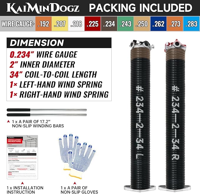 Pair of 2" Garage Door Torsion Springs Set with Non-Slip Winding Bar & Gloves,High Precision Electrophoresis Black Coated, for Replacement & Installation, MIN 16,000 Cycles (0.234x2''x34'')
