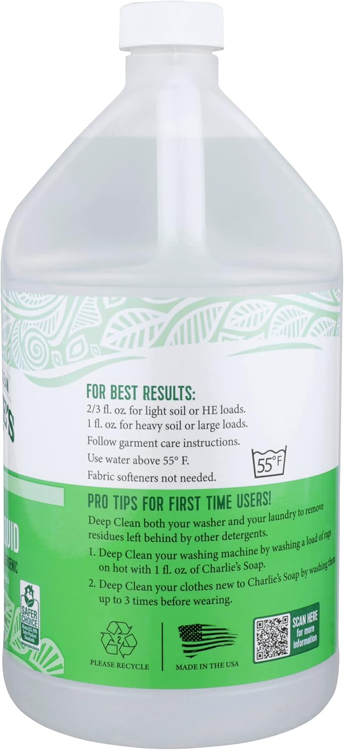 Charlie’s Soap Laundry Liquid (160 Loads, 4 Pack) Natural Deep Cleaning Hypoallergenic Laundry Detergent – Biodegradable Eco Friendly Sustainable Laundry Liquid