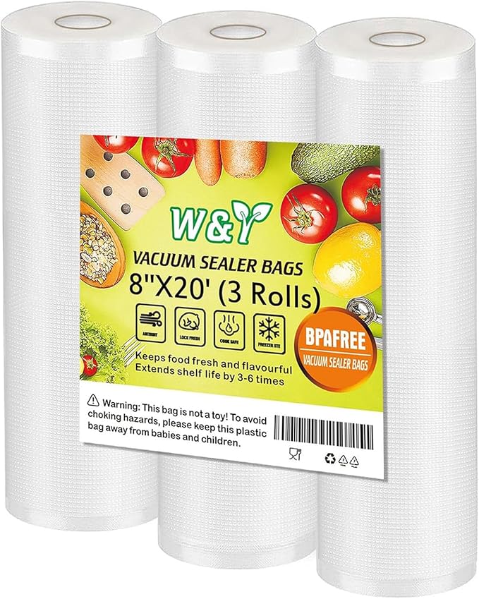 Vacuum Sealer Bags - 8" x 20' (3 Rolls) - Commercial Grade Sous Vide & Food Saver Rolls, Reusable & Resizable, Puncture Protected, Ideal for Cooking & Freezer Storage