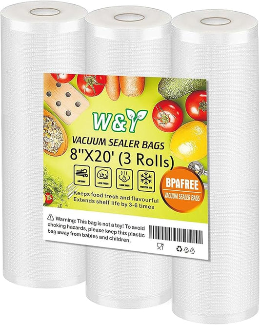 Vacuum Sealer Bags - 8" x 20' (3 Rolls) - Commercial Grade Sous Vide & Food Saver Rolls, Reusable & Resizable, Puncture Protected, Ideal for Cooking & Freezer Storage