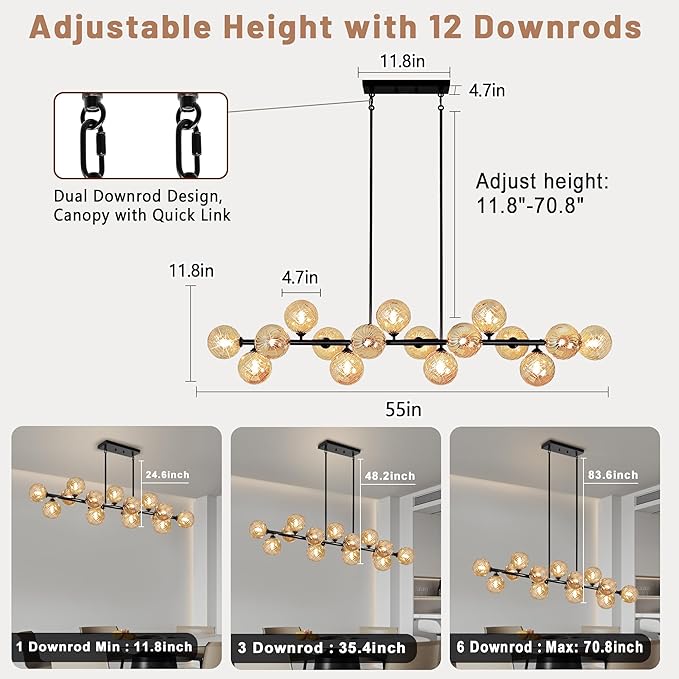 Dining Room Light Fixture, 55" Modern Chandelier Linear Sputnik Chandeliers with Amber Swirled Globe Farmhouse Chandeliers for Dining Room Kitchen island 16 Lights Large Chandelier for High Ceiling