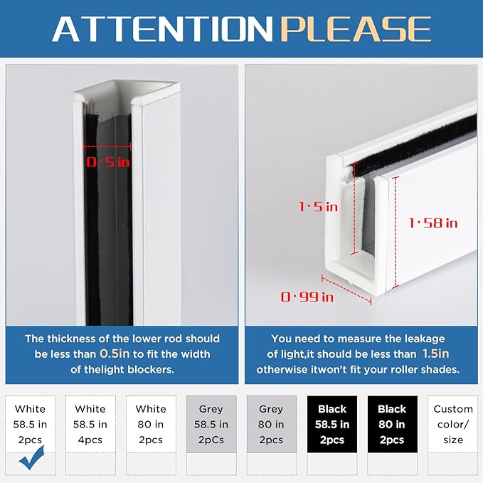 100% Blackout U-Channel Aluminum Light Blocking Strip for Window Shades Roller and Blinds Both Sides Tracks for Blackout Shades Easy to Install Great for Bedroom Nursery (White-2pcs, 58.5")
