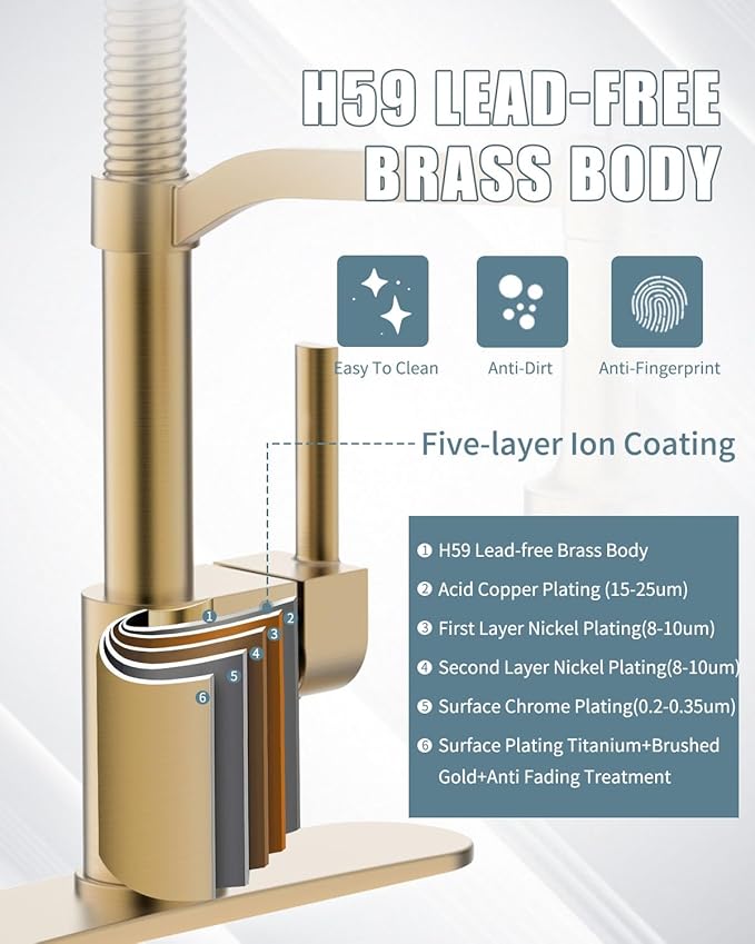 Gold Kitchen Faucet Soap Dispenser, Faucet for Kitchen Sink, Kitchen Sink Faucet with Deck Plate, RV Kitchen Faucet with Pull Down Sprayer and Dual Function Spray Head