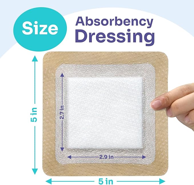 Silicone Super Absorbent Dressing for Heavy Exudate Wound 10 Pack, FSA or HSA 5" X 5" Gentle Boder Adhesive Bandages for Wound Care, Soft Wound Care Pads for Ulcer, Surgical, l - ll Degree Burns