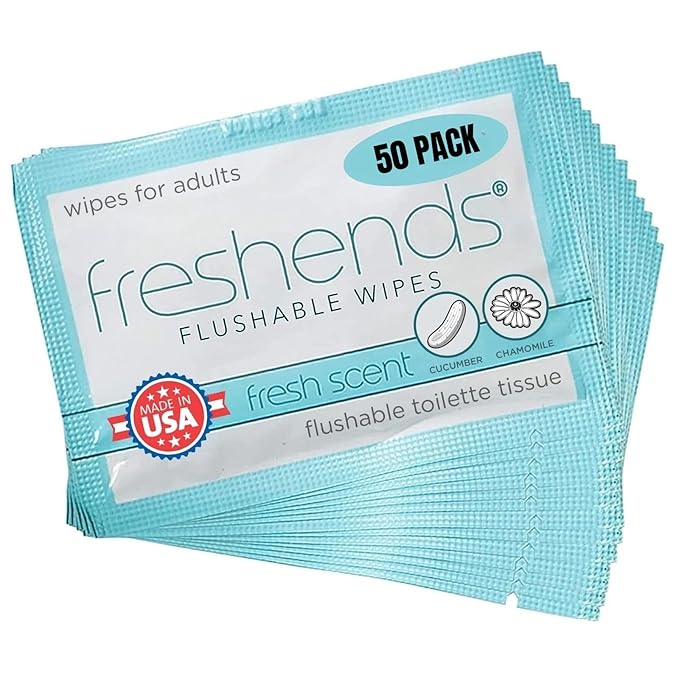 Freshends Flushable Individually Wrapped Wipes – 50 Bulk Pack Luxurious Towelettes, Guest Bathroom Essentials for Weddings, Restaurants, Bars & Clubs – Blue, Travel-Size, Disposable