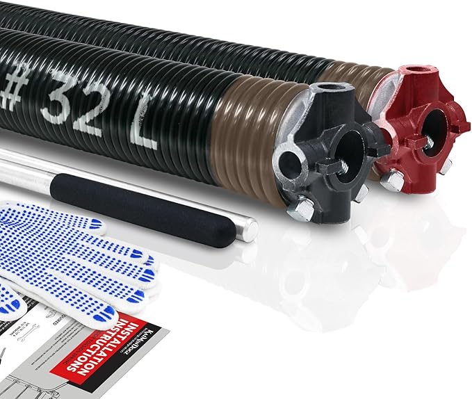 Pair of 2" Garage Door Torsion Springs Set with Non-Slip Winding Bar & Gloves,High Precision Electrophoresis Black Coated, for Replacement & Installation, MIN 16,000 Cycles (0.234x2''x32'')