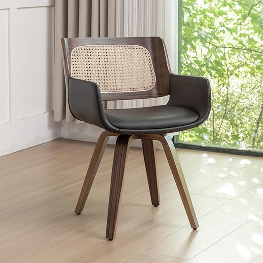 Set of 1 Cane Back Dining Chair - Swivel Dining Room Chair with Curved Arms, Ergonomic Cane Back, Walnut Craftsmanship, Versatile for Restaurant/Conference/Kitchen/Living Room (Walnut Brown)