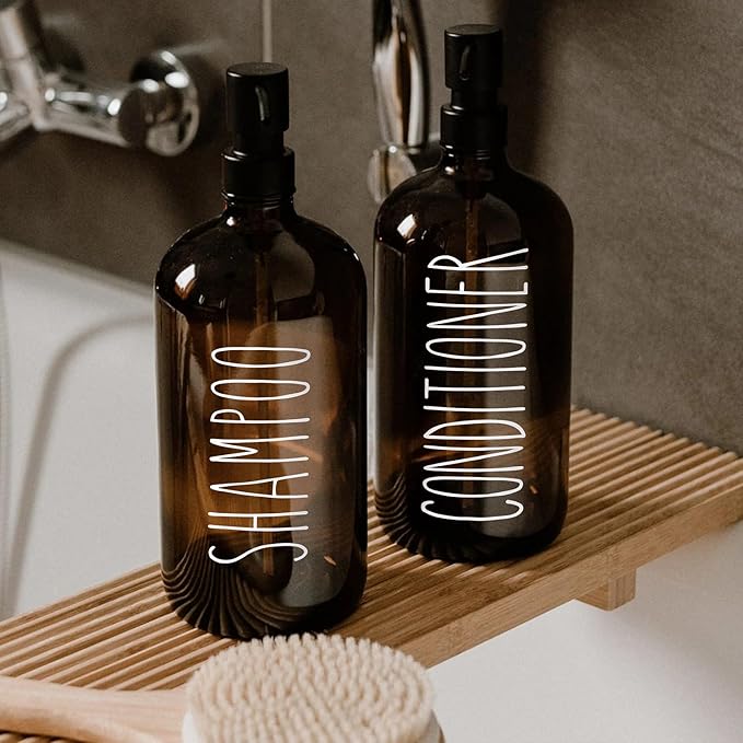 HOMCDALY Shampoo and Conditioner Dispenser Set of 3, 21oz Shower Soap Bottles with Pump, Refillable Shampoo Conditioner Body Wash Dispenser, Empty Bathroom Shower Shampoo Bottles(P-Brown)