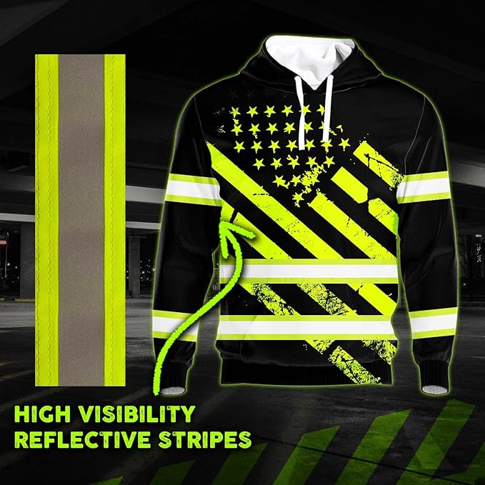 Color US Flag High Visibility Hoodie for Men Women Reflective Tapes Safety Workwear for Worker Runner Patriotic