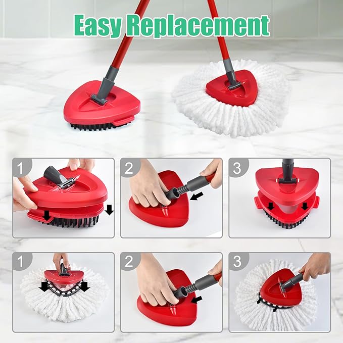 Spin Mop Heads Replacements for O Ceda EasyWring 1-Tank System, 2 Microfiber Mop Head Refills, 4-Section Iron Handle, 1 Base and 1 Scrub Brush Combo Set for Floor Cleaning