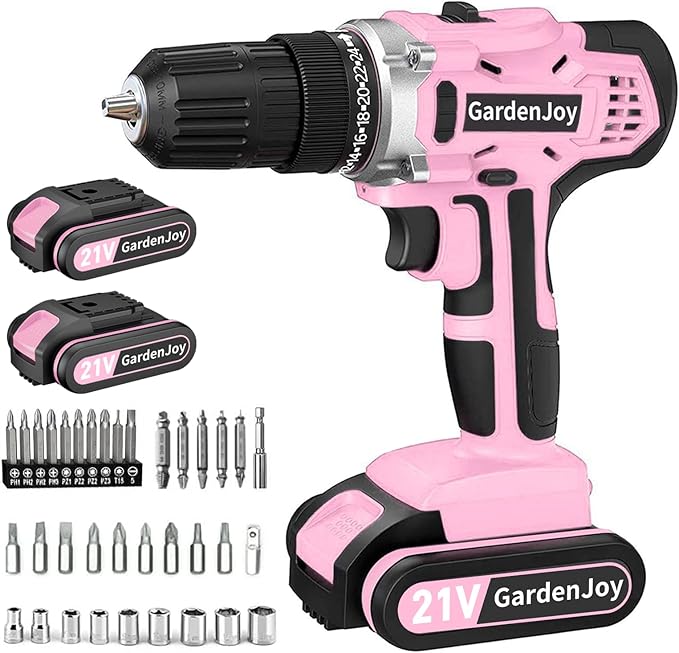 GardenJoy 20v Cordless Drill Set, Power Electric Kit 2 Batteries With Charger 30Nm 2-Speed 3/8" Keyless Chuck 24+1 Torque Drill Driver screwdriver Bits with LED Electric Work Light for Women DIY