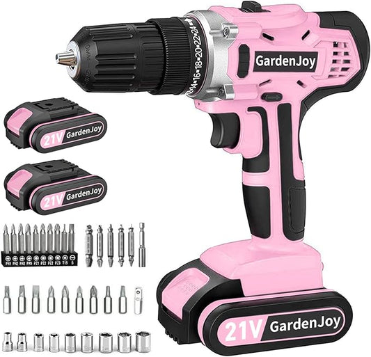 GardenJoy 20v Cordless Drill Set, Power Electric Kit 2 Batteries With Charger 30Nm 2-Speed 3/8" Keyless Chuck 24+1 Torque Drill Driver screwdriver Bits with LED Electric Work Light for Women DIY