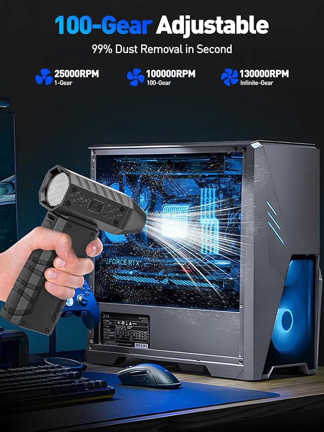 Compressed Air Duster 130000RPM Electric Duster with LED Light, 100 Gear Adjustable Rechargeable Cordless Air Blower Cleaning Tool for Keyboard,Electronic Devices,Car, Christmas Gifts for Men (Grey)