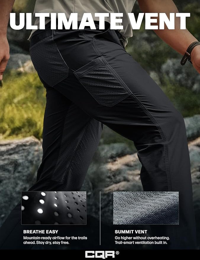 CQR Men's Lightweight Vent Hiking Pants, Water-Resistant & Breathable Sports Outdoor Athletic Pants with Elastic Waist