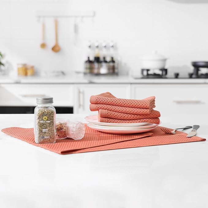 Kitinjoy 100% Cotton Waffle Weave Kitchen Towels, 4-Pack Super Soft and Absorbent Dish Towels for Drying Dishes, Kitchen Hand Towels, 13 in x 28 in, Coral