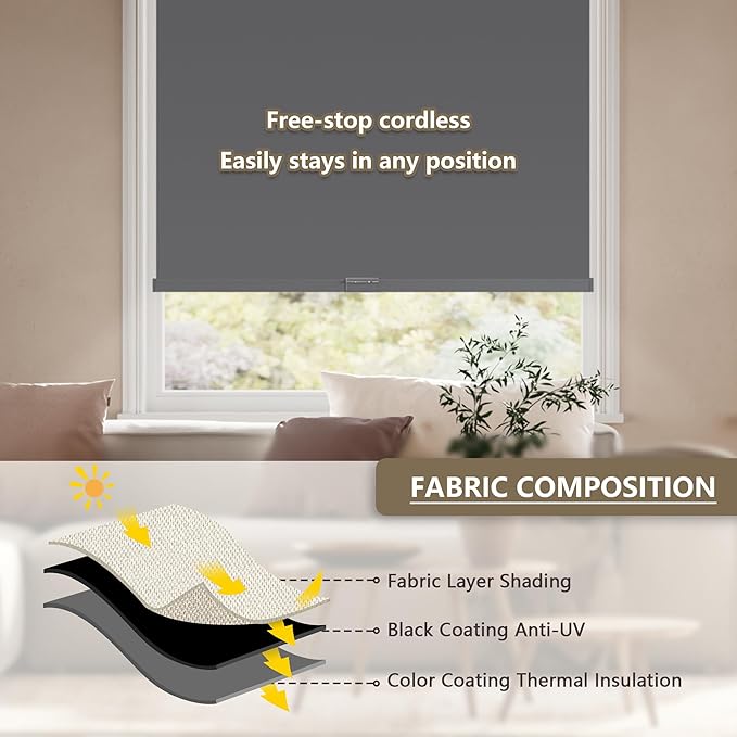 Cordless Blackout Roller Shades Blinds for Windows Free-Stop,Pull Down Room Darkening with Valance,Thermal Insulated Woven Fabric Window Door Blinds for Home,Office,Grey 72" W x 72" H