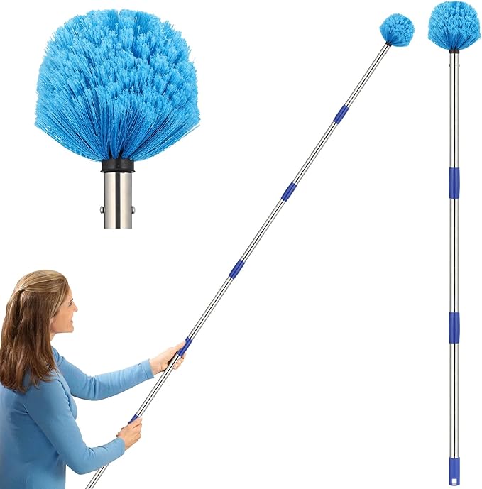 Cobweb Duster with Extension Pole, Outdoor Spider Web Brush with 6 ft Long Handle, Metal Cob Web Remover for High Ceilings Fans Indoor Cleaning, Medium-Stiff Bristles Dust Brush, Lightweight Cleaner