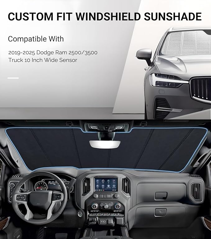 Windshield Sun Shade for Ram 2500/3500 2019-2025 with 10 Inch Wide Sensor. Reflective Aluminum Film Front Window Sunshade - BLAZBLOCK