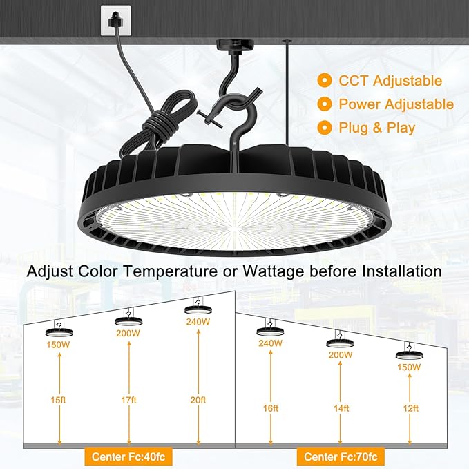 UFO LED High Bay Light 240W/190W/140W Adjustable Low Bay LED Shop Lights 4500K/5000K/5700K Adjustable, ETL DLC Listed Dimmable Warehouse Lighting Fixture AC100-277V