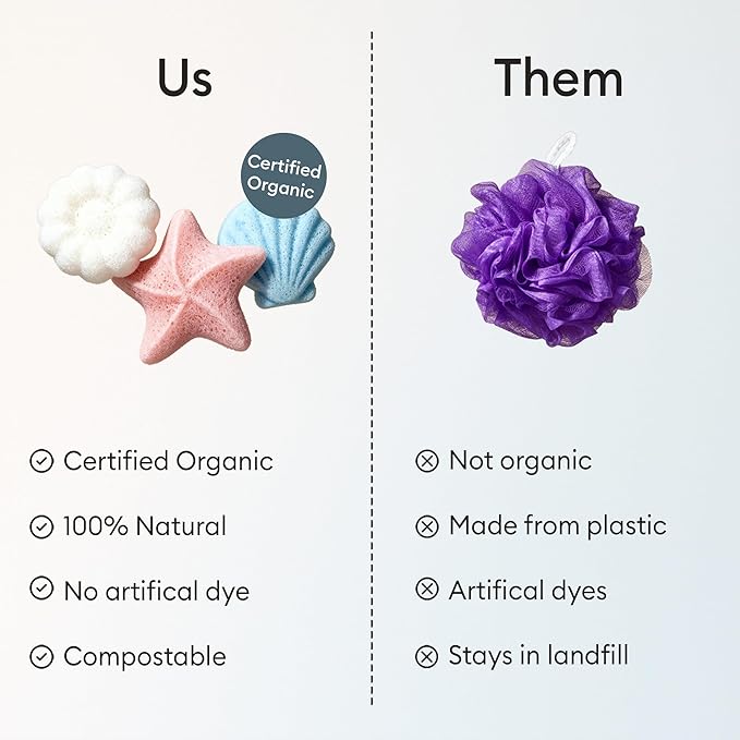 Vove Organic Konjac Baby Bath Sponges 3-Pack - Safe Natural Bath Sponges for Newborns Infants & Toddlers, Cute Ocean Shapes, Plant-Based Baby Bathing, Certified Organic
