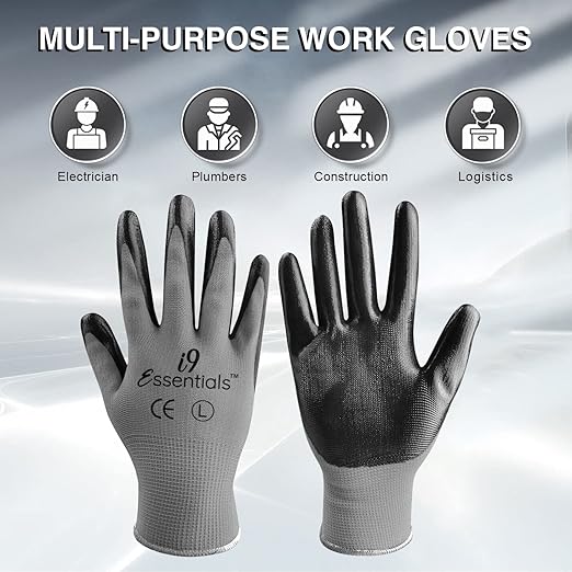 I9 Essentials 12 Pairs Nitrile Coated Work Gloves – Lightweight Grip Safety Gloves for Construction, Gardening, Warehouse, Carpentry & General Work (Large, Black/Gray)
