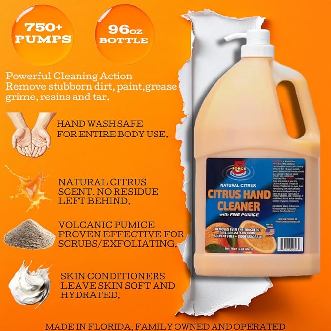 Force 5 - Citrus Hand Cleaner for Mechanics – Heavy-Duty Mechanic Soap with Natural Pumice & Citrus. Quickly Remove Removes Dirt, Grease and Grime – Moisturizing, Orange Scent. (96oz) (4 Pack)