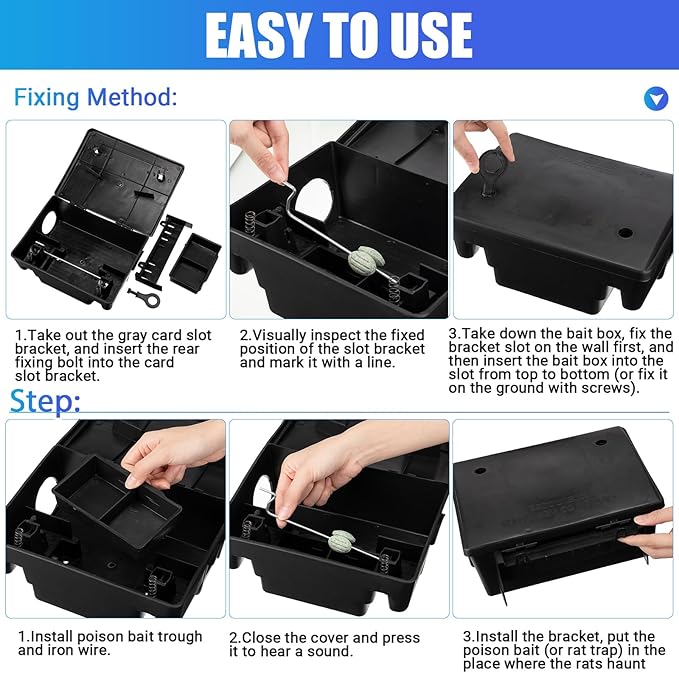 Qualirey 4 Pack Rat Bait Stations Large Rodent with Key Reusable Mouse Stations Mice Blocks Heavy Duty Boxes for Outdoor Rodents Mice Blocks, Bait Not Included, Black (9.8 x 7.5 x 3.9 Inches)