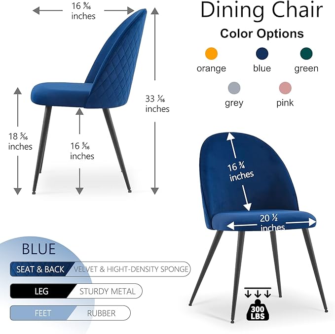 Dining Chair Set of 4 - Simple Design, Comfortable Velvet Upholstered Chairs with Stainless Metal Legs for Dining Table and Living Room, Navy Blue